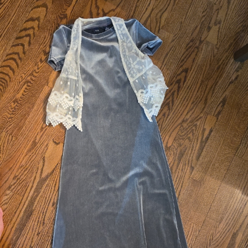 Gray Velvet Dress with Lace Vest